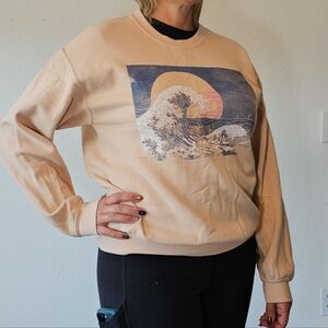 Super Cute Women's Japanese Kanagawa Wave Crewneck Sweatshirt Cream Medium Fun.